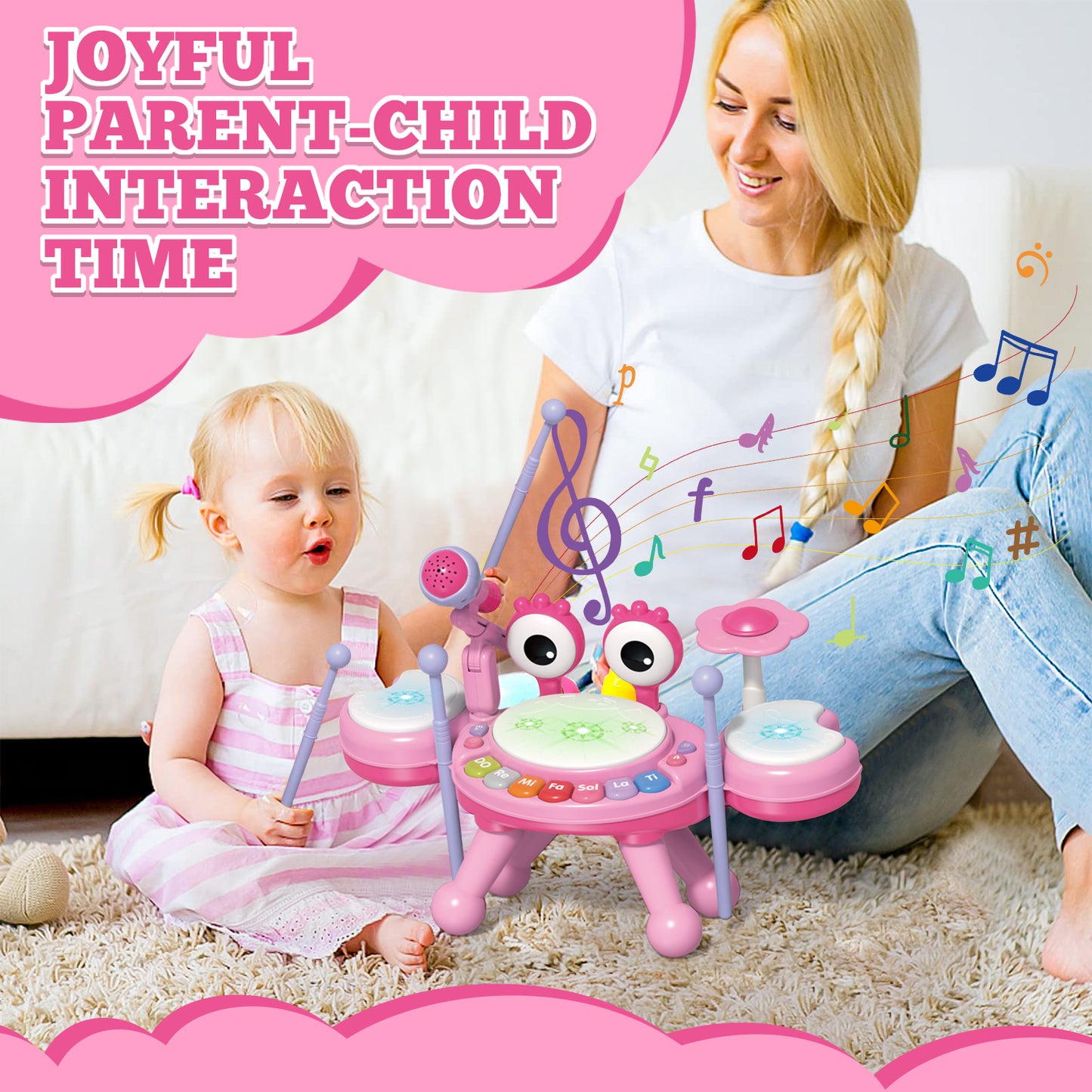 Kids Musical Drum Set Toy for Toddlers 1-3, Baby Girl Toys for 1 Year Old Girl Gifts Instruments Toys for 12-24 Months Toddler Girl Toys Age 1-2 Birthday Gifts for 6 9 12 Months