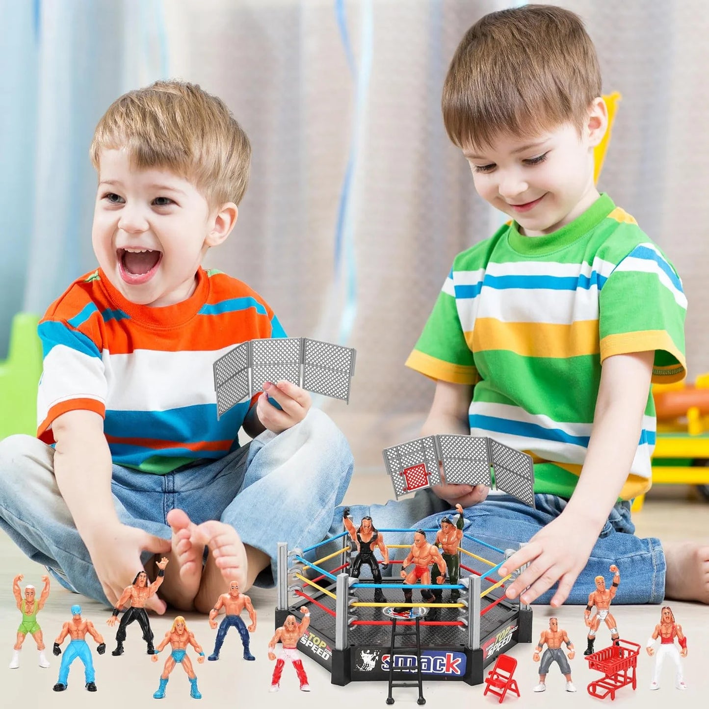 34PCS Wrestling Toys for Kids - Action Figures For Boys Age 3-12 - Wrestler Warriors Toys, 12 Wrestling Action Figures, 2 Wrestling Ring, 20 Realistic Accessories for Birthday Gift Cake Toppers