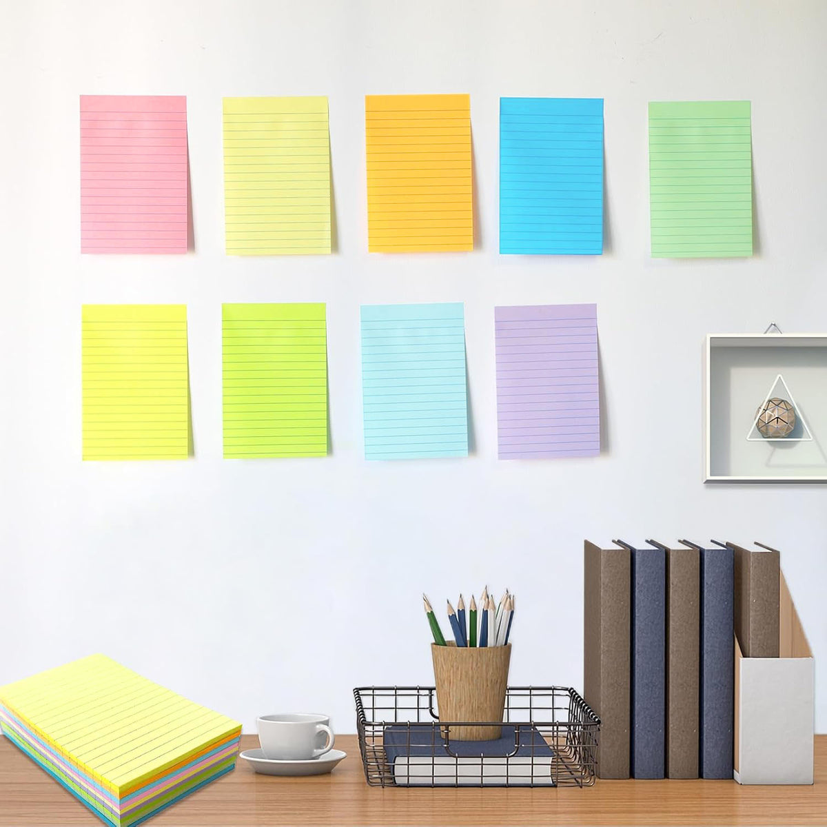 Style-Carry 9 Pads 450 Sheets Lined Sticky Notes 4x6, Colorful Large Sticky Notepads, Self-Adhesive Ruled Memo Post, for Home Office Supplies