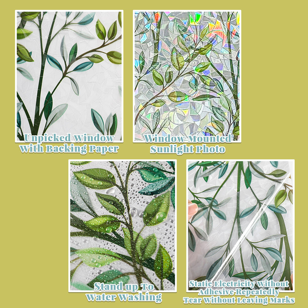 Window Film Privacy Covering, 3D Glue-Free Stained Glass Window Clings, Static Glass Sticker for Home, Green Leaves, 17.5" x 78.7" (45 x 200cm)