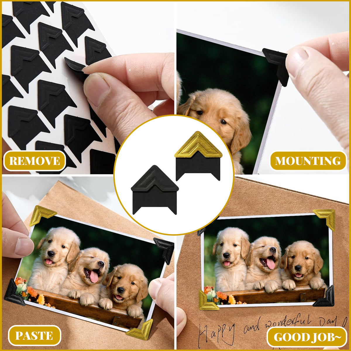 720 Pcs Self-Adhesive Photo Mounting Corners, Black and Gold Picture Corner Stickers for DIY Craft Scrapbook Album Decor Supplies