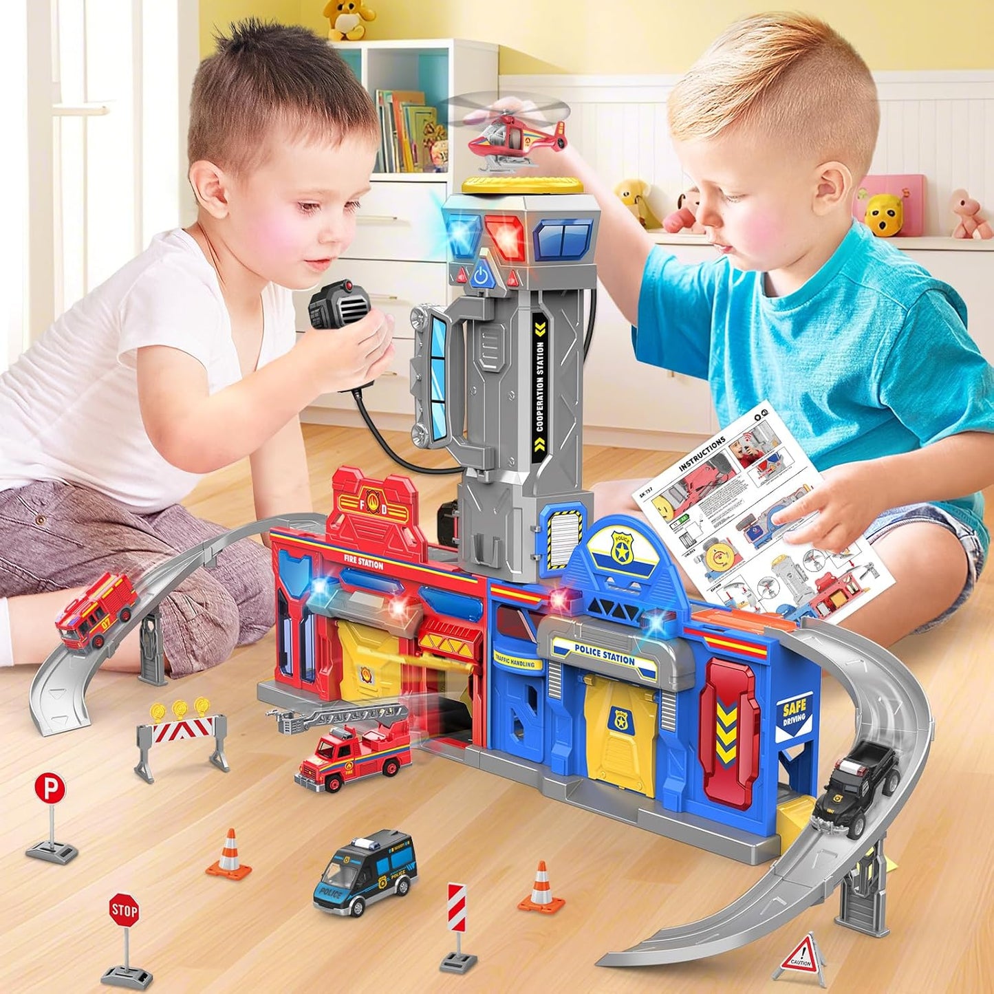 Toys for 3 4 5 6 Years Old Boys - Car Toddler Playset - Police & Fire Station Transform Track Toy - Birthday Gift for Boys 3-6 Years