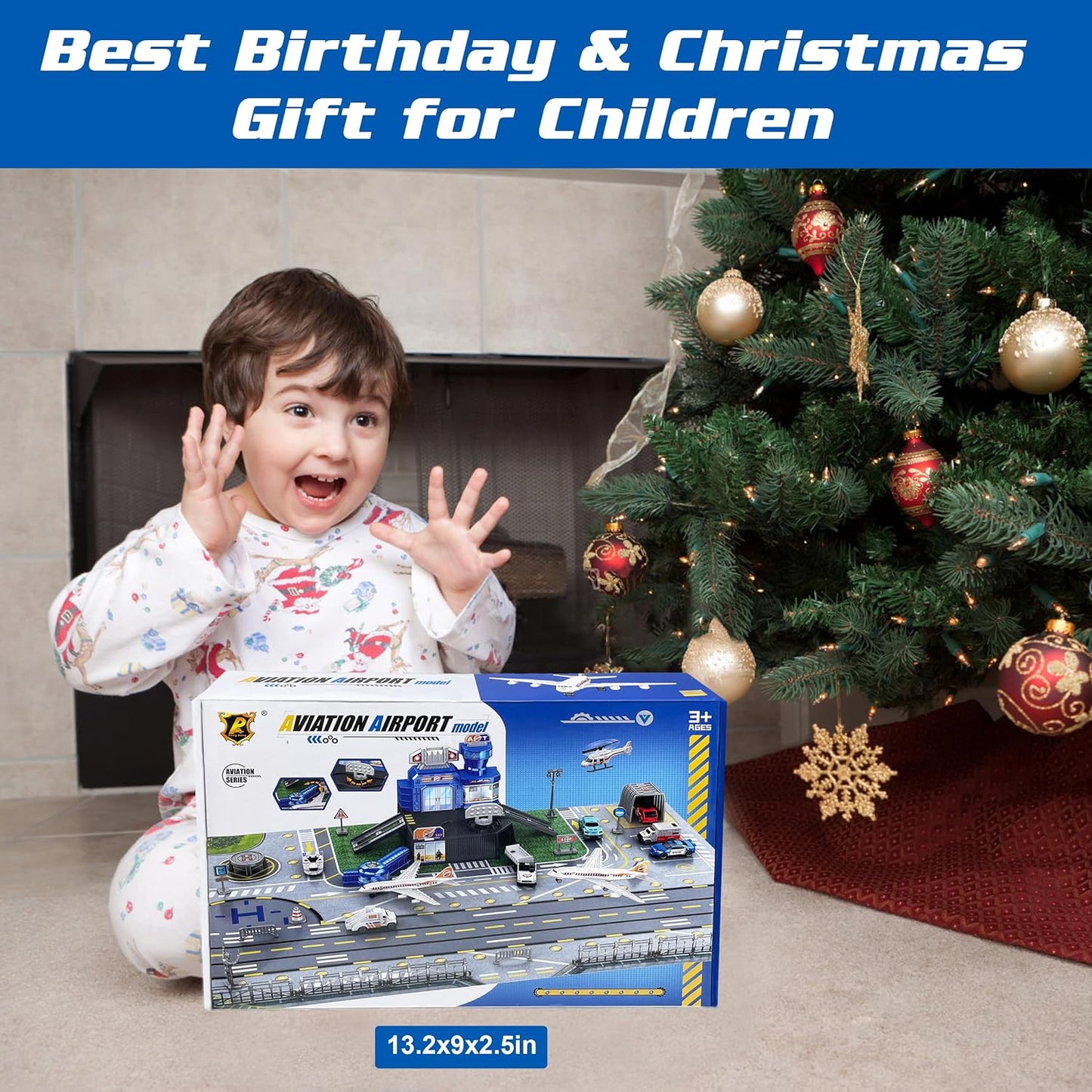 Airplane Toys for Toddlers 2-4, Airplane Toy Set with Trucks Signs and Airport Playmat, Toys for Boys Christmas Birthday Gift