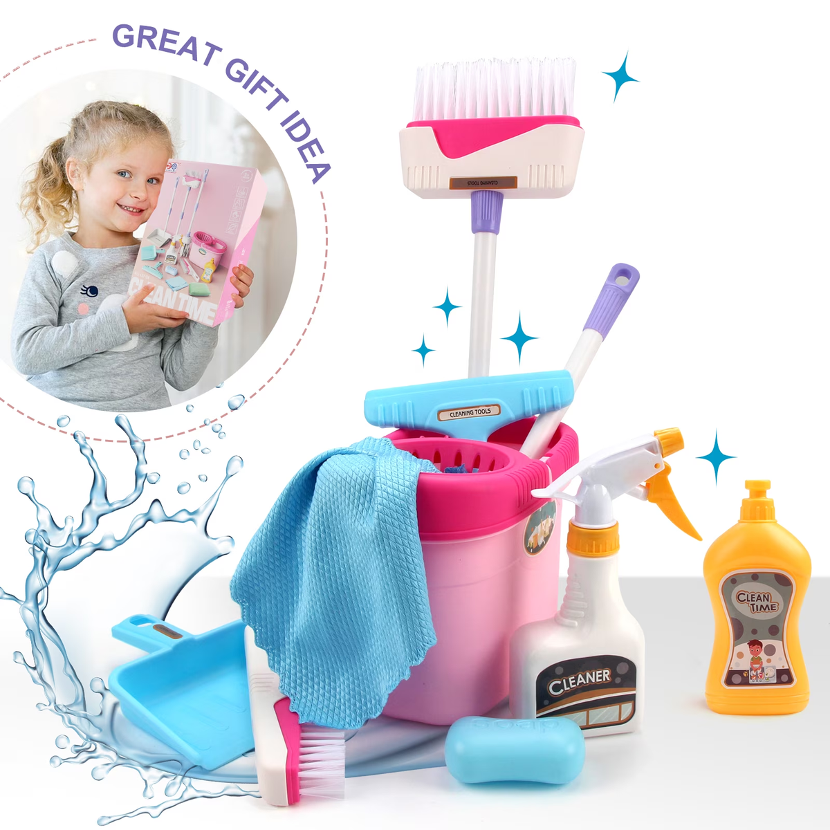 Cleaning Set for Kids, Mop Broom & Dustpan Set, Cleaning Tool Toys for 2-4 Year Old, Kitchen Cleaning Toy for Toddlers Birthday Christmas Gifts