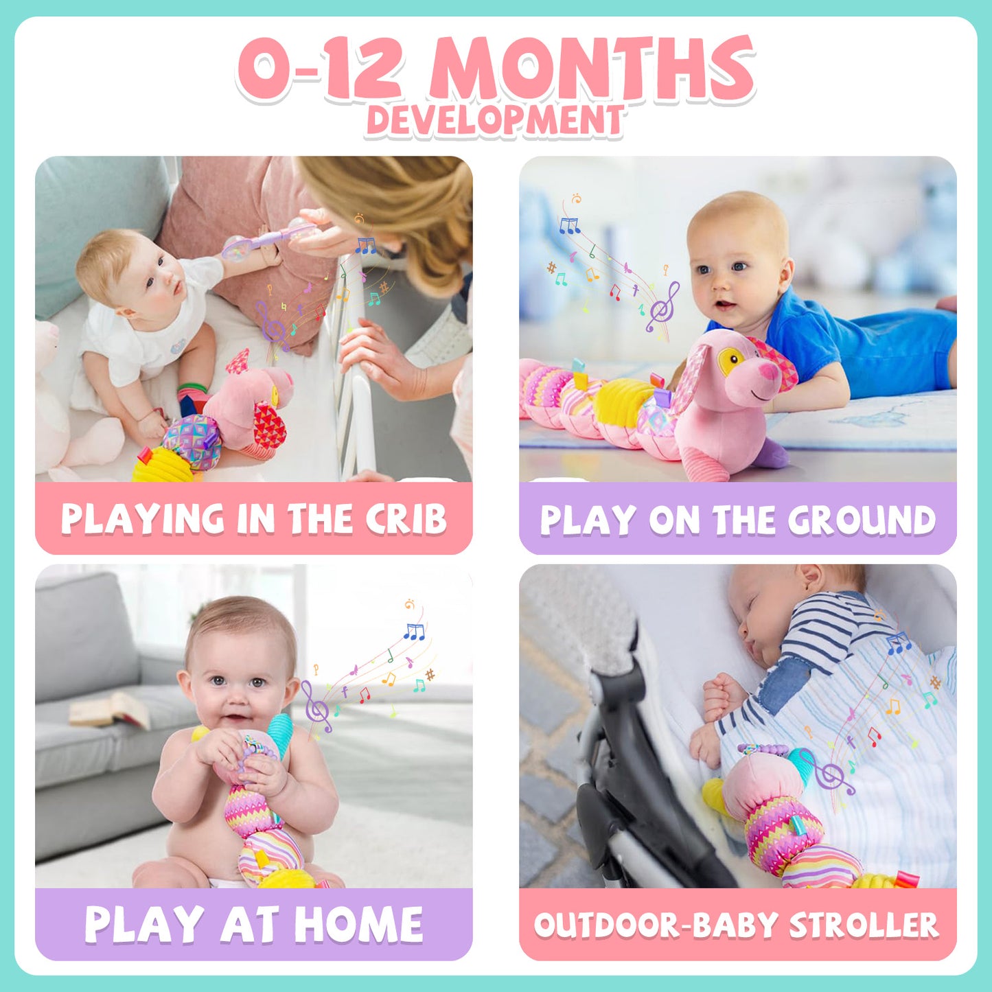 Baby Musical Stuffed Animal Toys 0-12 Months, Pink Puppy With Multi-Sensory Crinkle, Baby Newborn Toys for 0-2-4-6 Months Boys Girls, Plush Infant Sensory Toys Gift
