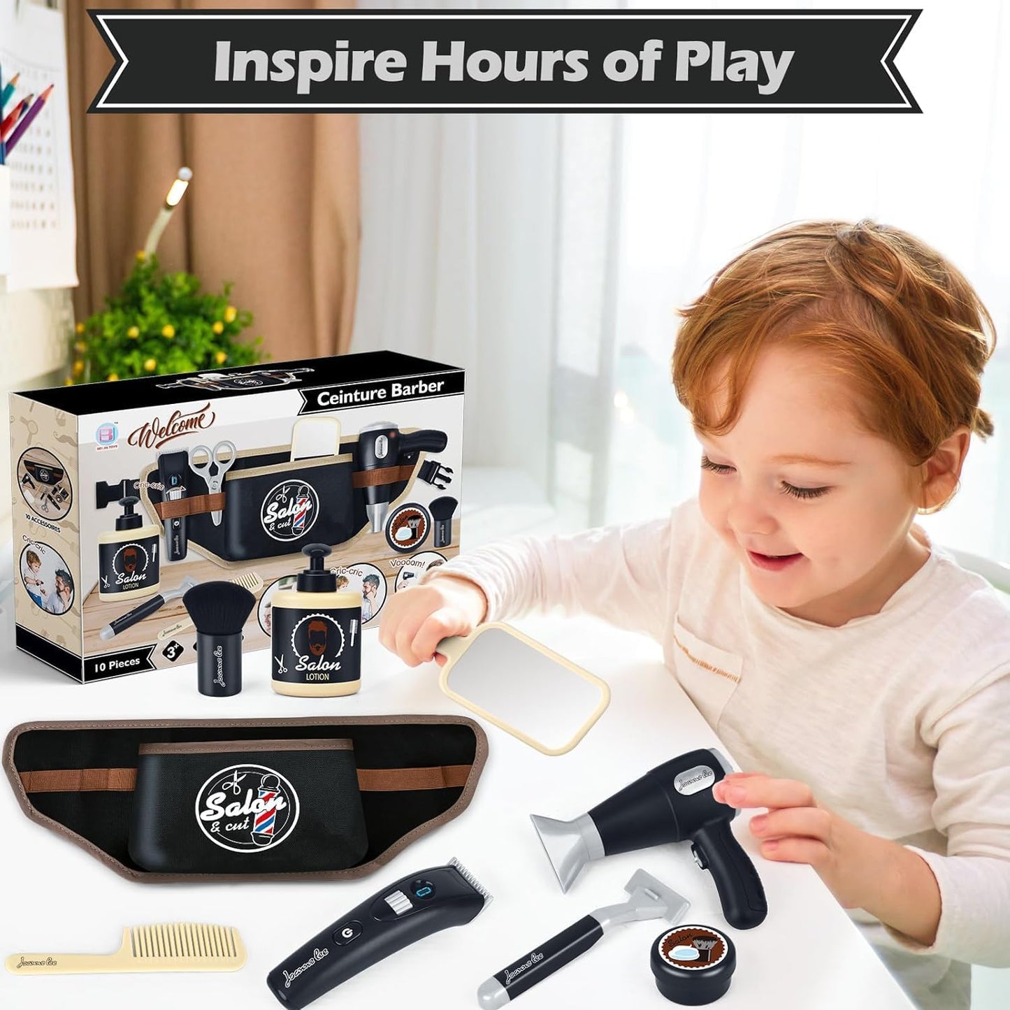 Hair Salon Toys for Boy 2-4 Year Old Gift, Pretend Play Hair Salon Stylist Toy Kit with Barber Apron, Hair Dryer, Mirror, Scissors and Styling Accessories