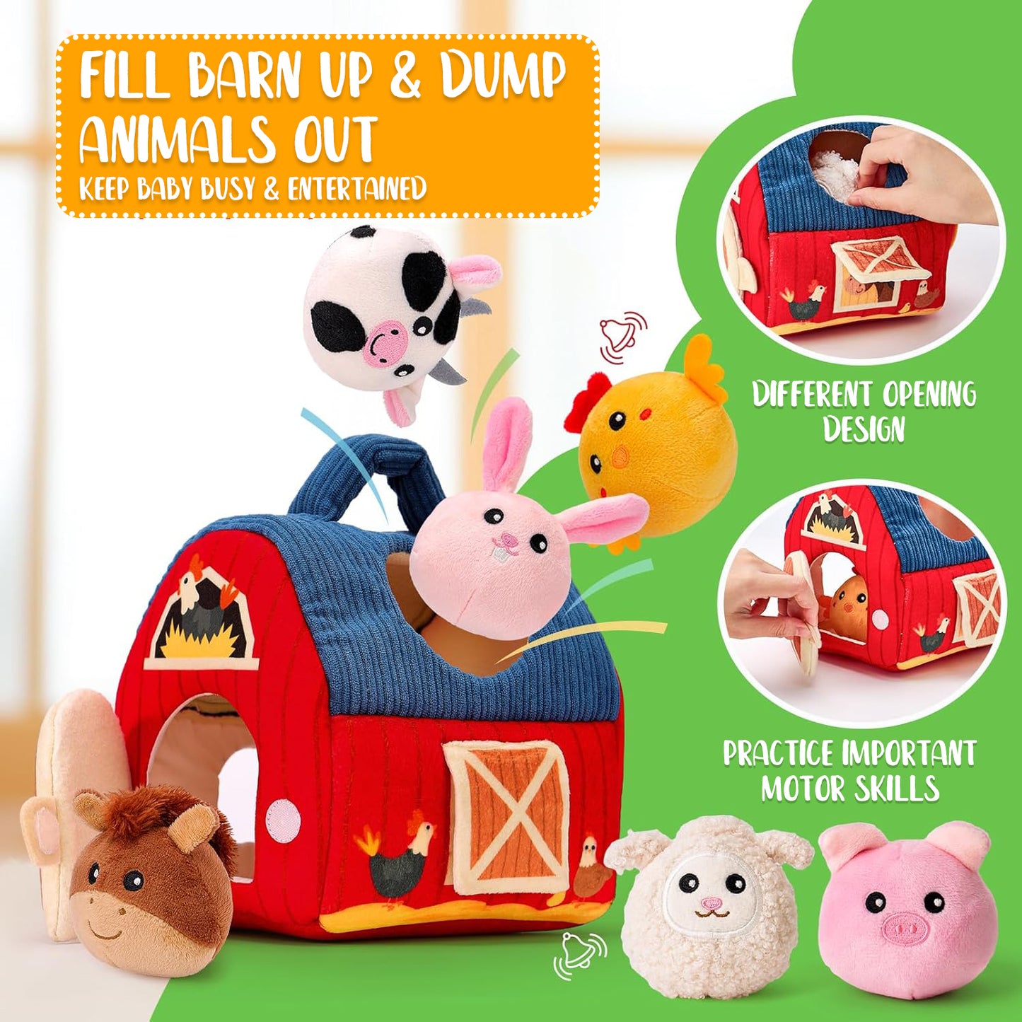 Baby Toys 6-12 Months, Stuffed Farm Animals with Barn, Rattle, Mirror - Montessori Toys for 1 Year Old Baby Boy Girl Gifts