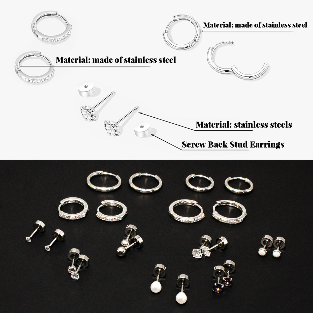 11 Pairs Surgical Steel Hoop and Flat Back Earrings Set, Piercing Cartilage Stainless Steel Titanium Stud Earrings for Women Men Adult (Silver)