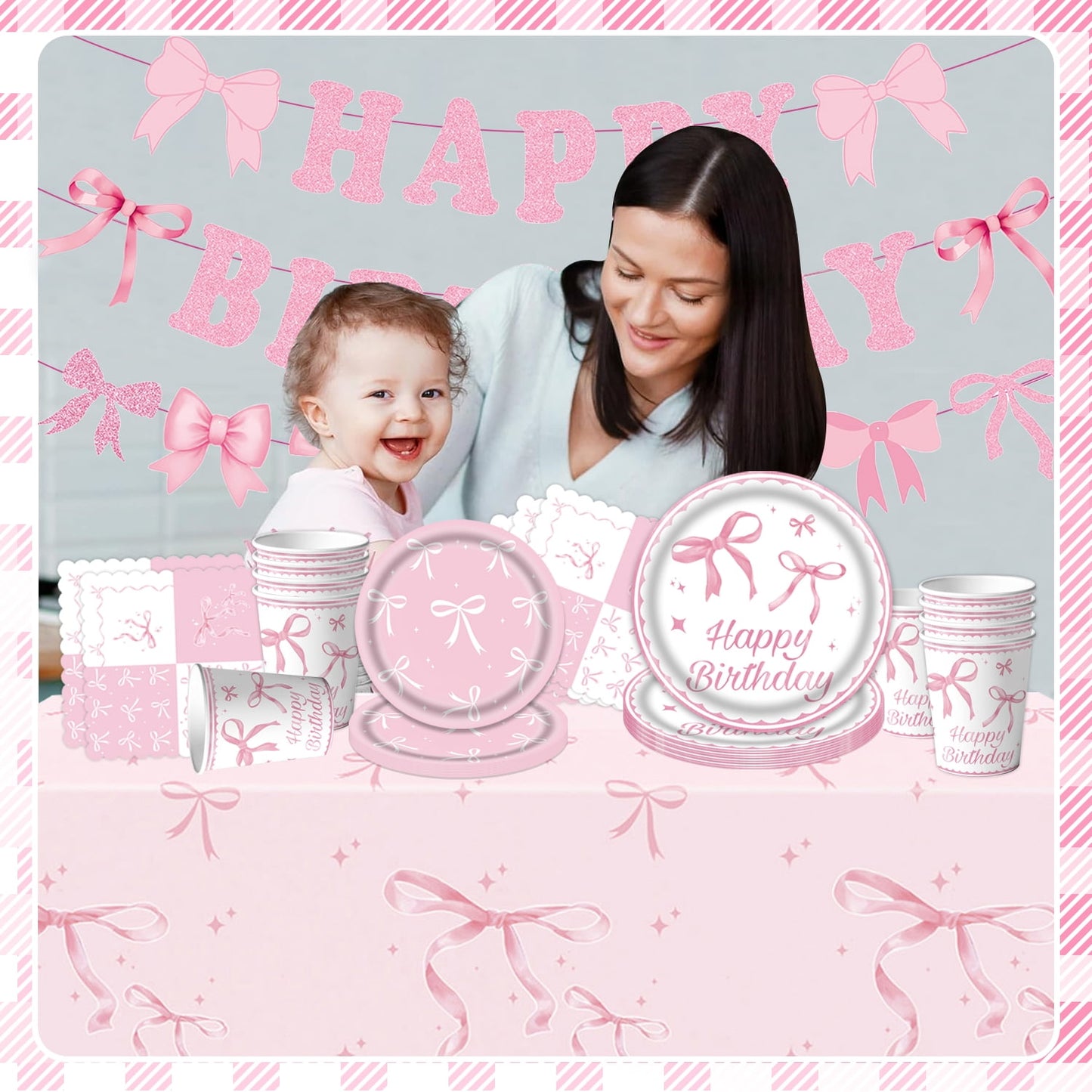 Pink Birthday Party Supplies, Pink Bow Party Decoration Kit Includes Plates Napkins Cups Banner Tablecloth for Coquette Birthday Decor