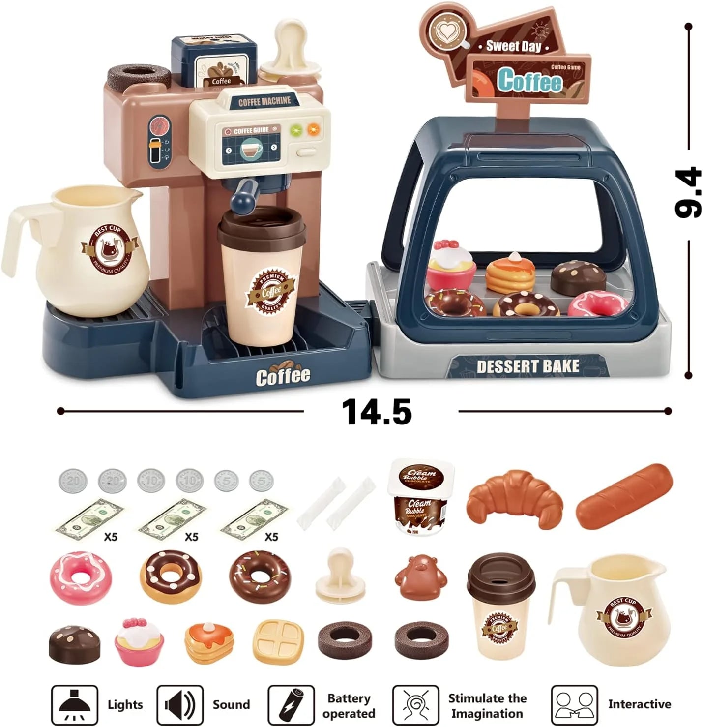 Tea Party Kids Coffee Maker Playset, Cash Register Pretend Play Kitchen Toys for Girls 3-6 Year