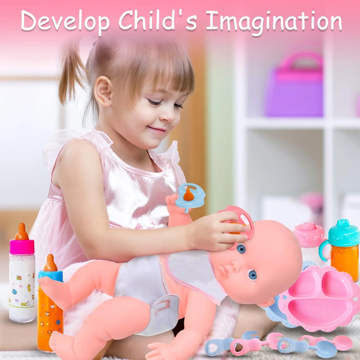 12 Pcs Baby Doll Accessories Baby Doll Feeding and Caring Set,Doll Feeding Set for Kids Girls,Magic Disappearing Juice Milk Bottles,Sippy Cups,Pacifiers,Bowl Spoons