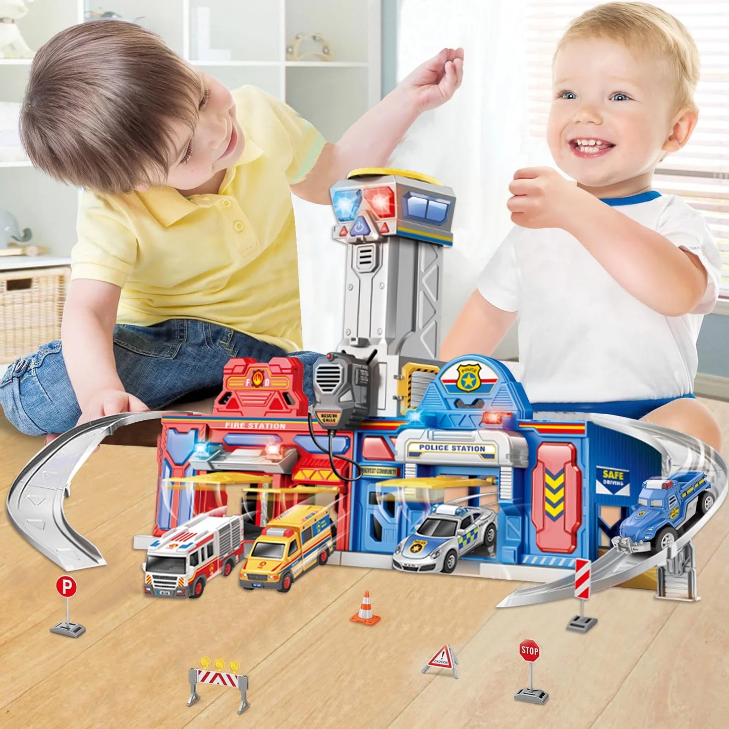 Toddler Toy for 5 Year Old Boys, Police & Fire Station Transform Track Toy with 4 Cars, Birthday Gifts Boys Toys Ages 3-5, 5-7