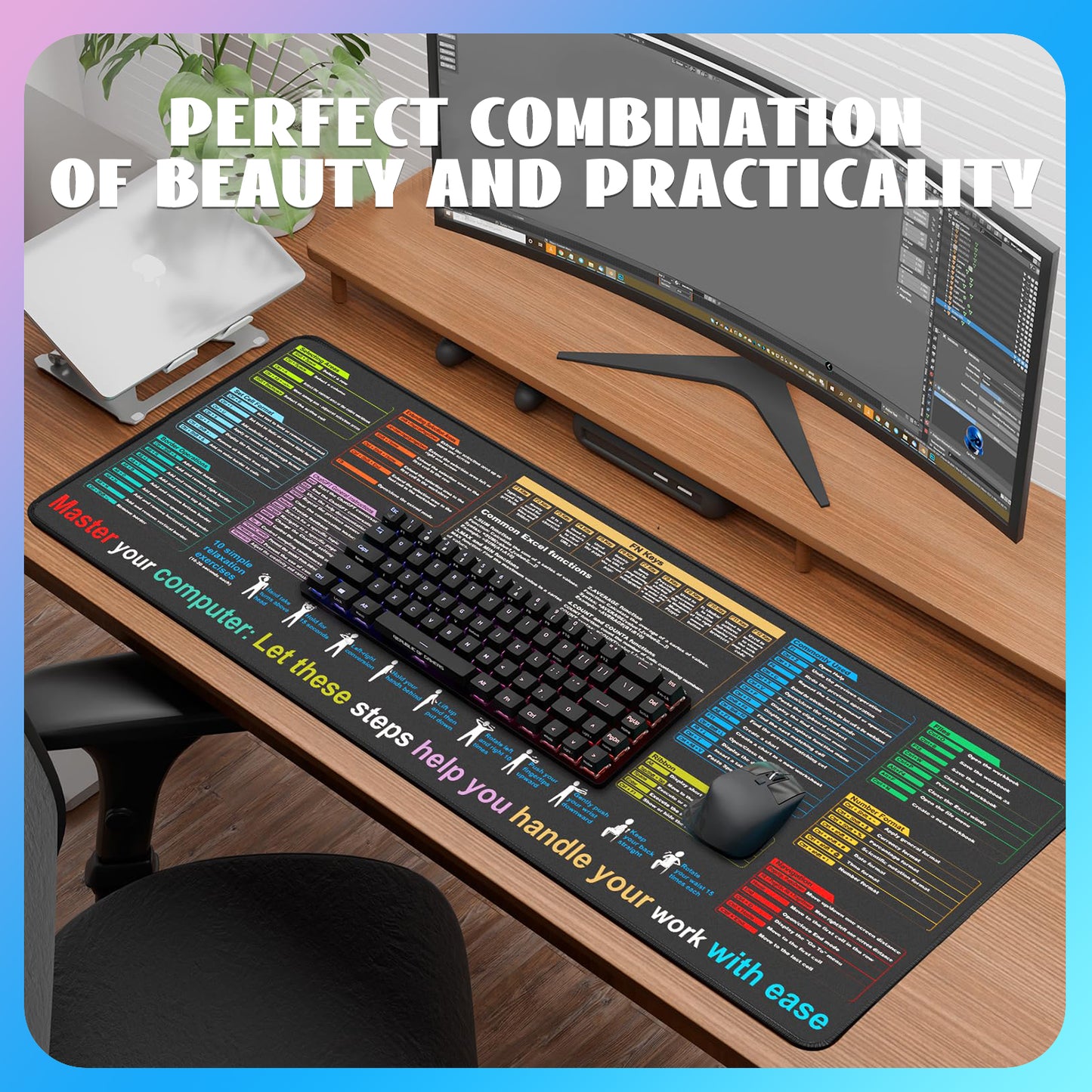 Excel Cheat Sheet Desk Mat, Large XL Waterproof Keyboard and Mouse Pad with Excel Shortcuts, Gaming Accessories for Computer Desk, 31.5×11.8 Inches