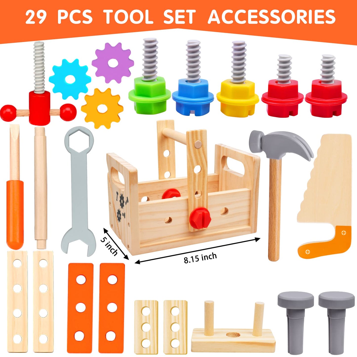 Wooden Tool Set Montessori Toys for 2 3 4 5 Year Old Boy, 29Pcs Stem Toys Toddler Educational Toys Age 2-3, Tool Bench Pretend Play Construction Learning Toys for Toddler Birthday Gifts