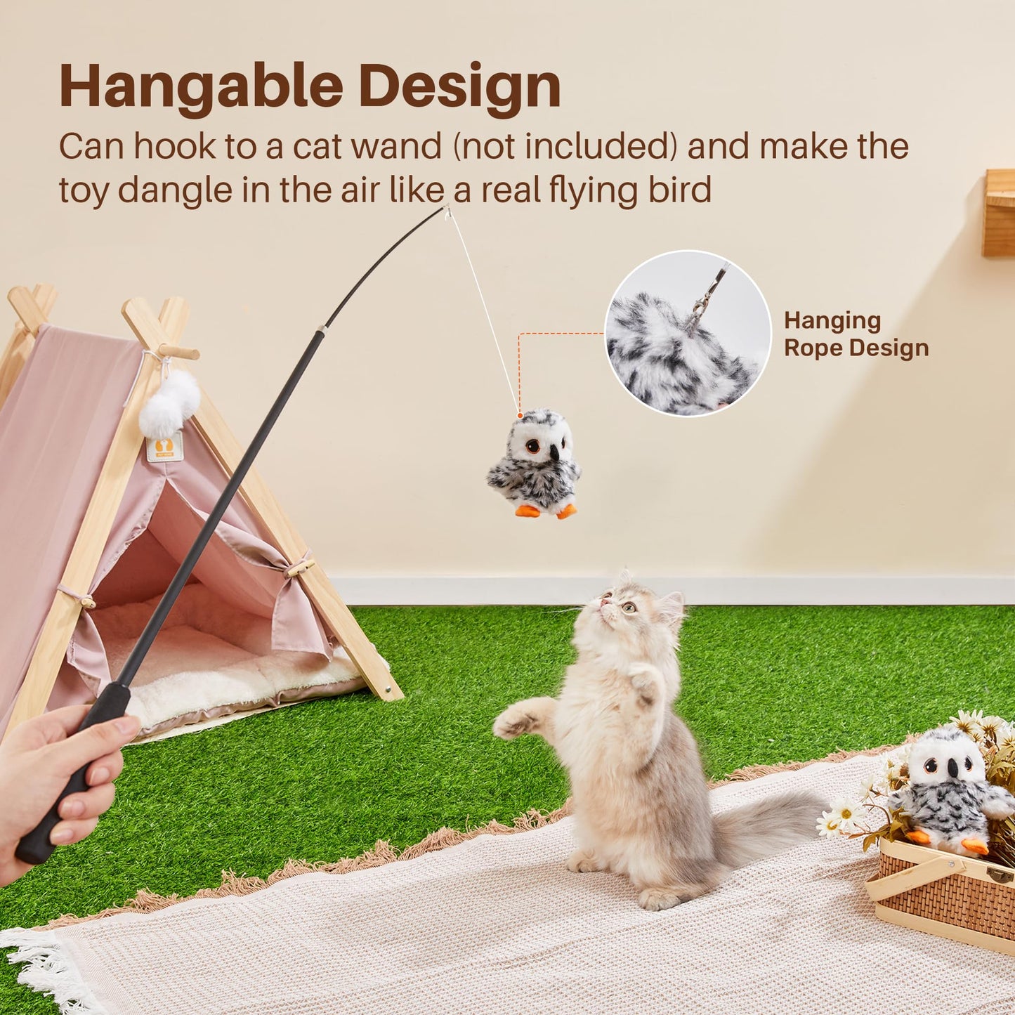 Flapping Owl Cat Toys (No Flying), Lifelike Bird Chirp, Rechargeable Touch Activated Kitten Toy, Interactive Catnip Kicker Exercise Toys 4.0" for All Breeds