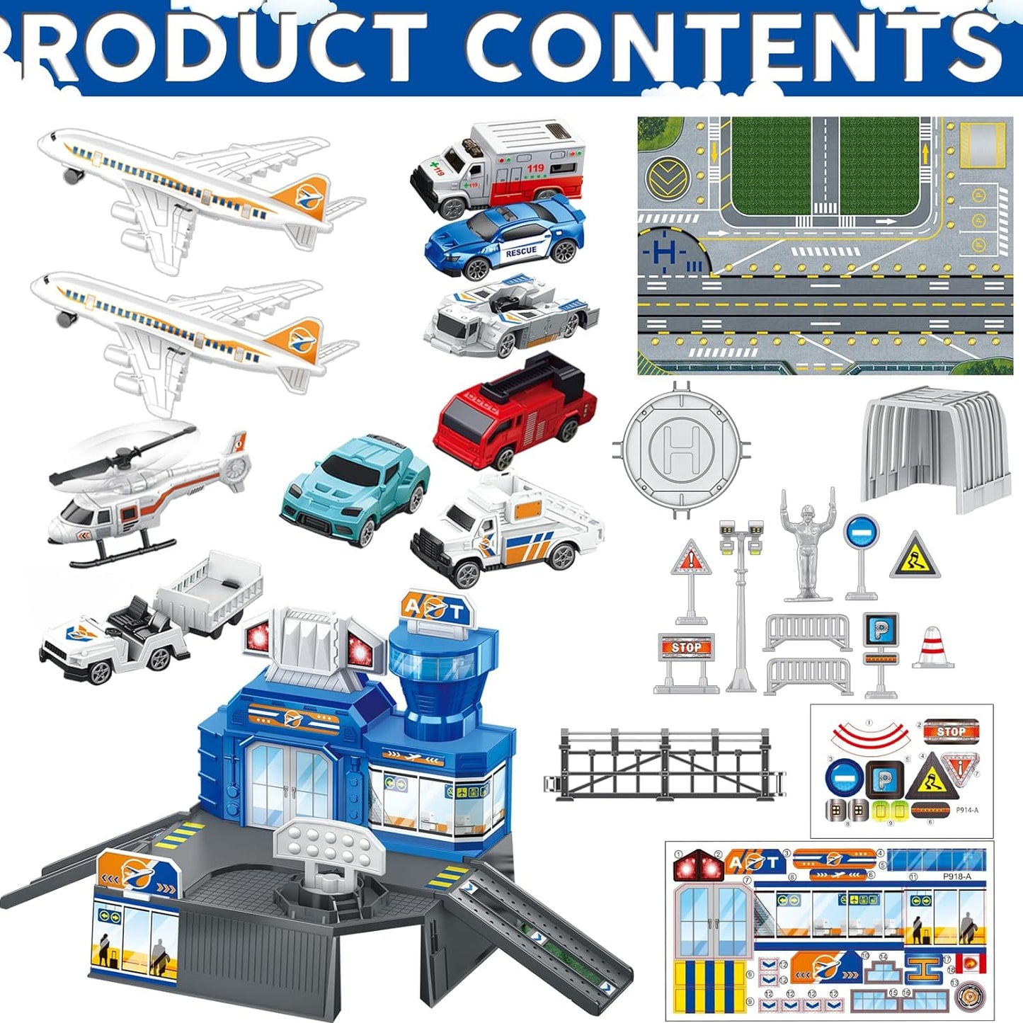 Airplane Toys for Toddlers 2-4, Airplane Toy Set with Trucks Signs and Airport Playmat, Toys for Boys Christmas Birthday Gift