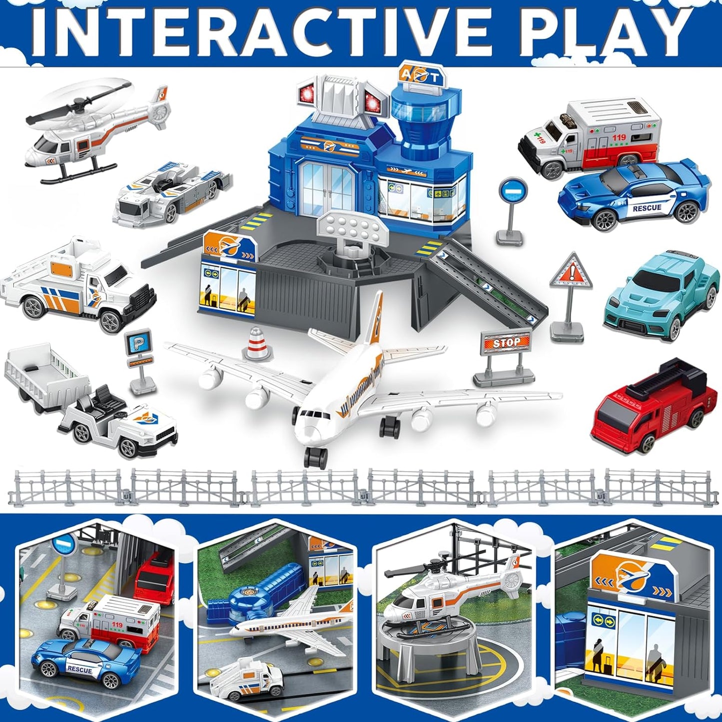 Airplane Toys for Toddlers 2-4, Airplane Toy Set with Trucks Signs and Airport Playmat, Toys for Boys Christmas Birthday Gift