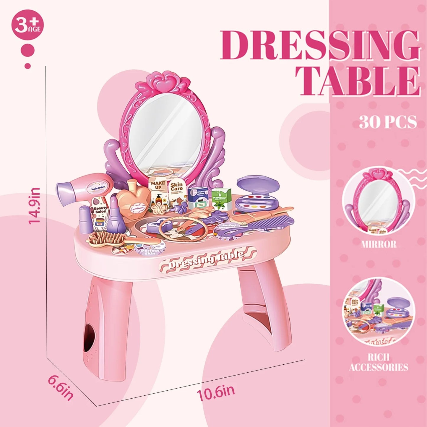 Pretend Play Girls Makeup Table Set, Toddler Girls Vanity Set Toy, Princess Toys for Little Girls Ages 3 4 5 6 7