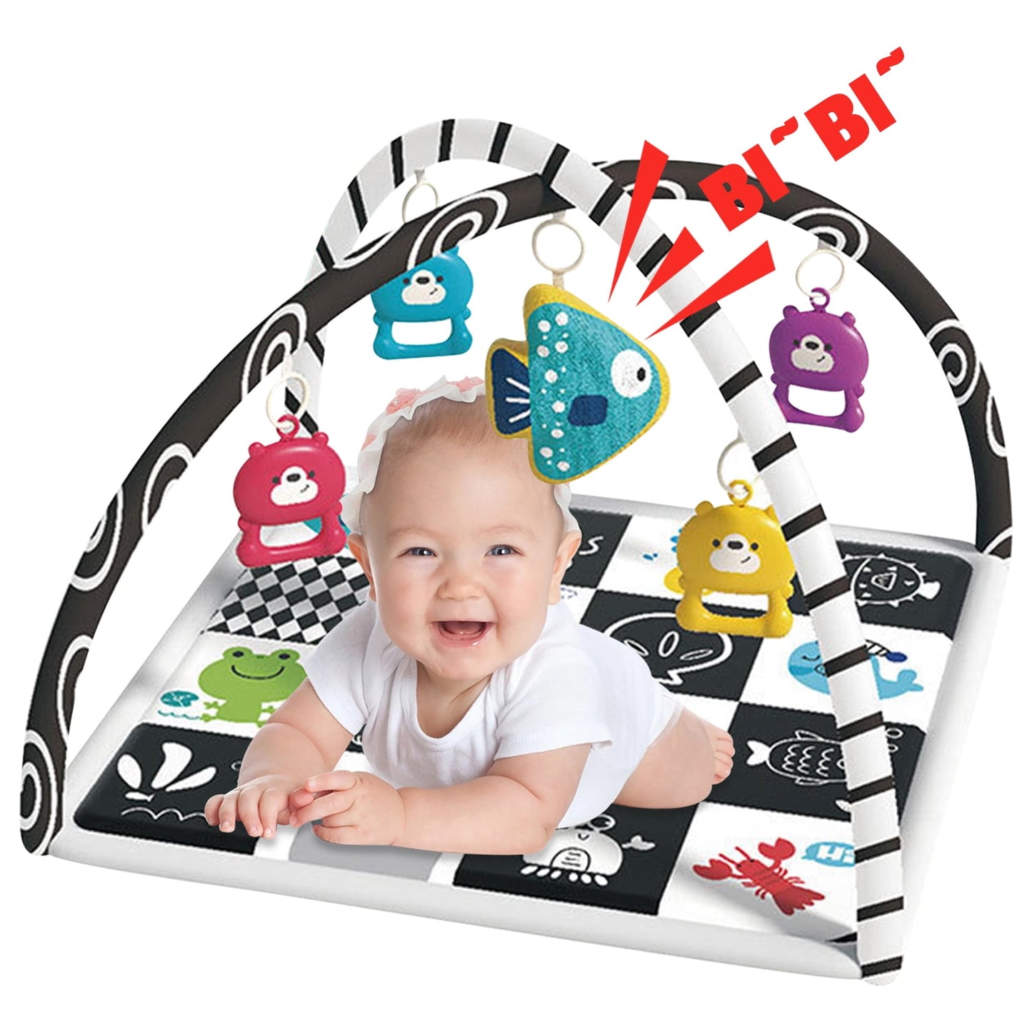 Baby Activity Gym & Tummy Time Mat with Crinkle and Rattles for Newborn Infants Toys 3-6-12 Month, Early Development Baby Toys 0-3-6-9-12 Months, Baby Girls Boys Gifts for 0+ Months