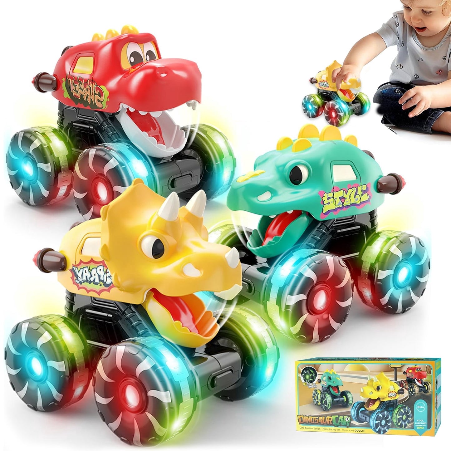 Toddler Toys for Boys 2 3 4 5+ Years Old, Dinosaur Toy Cars with Lights & Sounds, Monster Trucks Car Toddler Toys 1-3 for Boys, Birthady Gifts Toddler Toys Age 2 to 5 Boys
