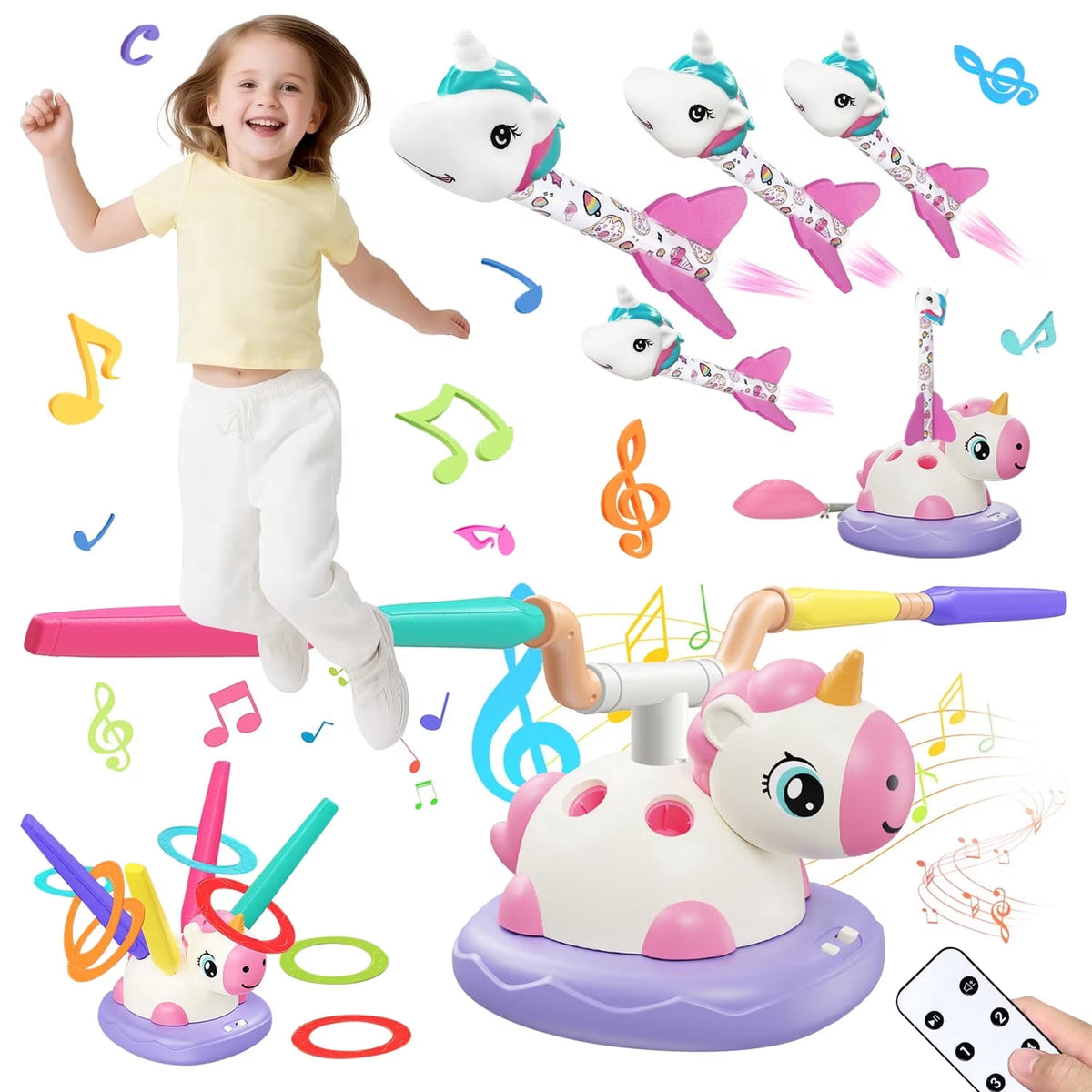 Outdoor Toys for Kids Ages 4-8, 3 in 1 Musical Jump Toys, Toss Ring Game, Rocket Launcher, Outside Toys Yard Sports Games Gifts for 3 4 5 6 7 8 Year Old Girls