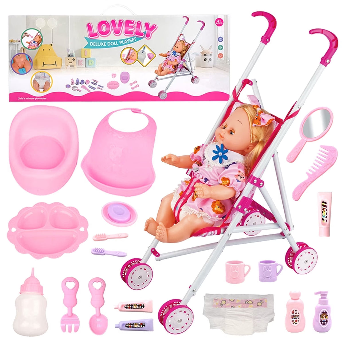 Baby Doll Stroller Toys Set with 14" Baby Doll, 22 Pcs Baby Doll Accessories, Pretend Play Toys for Toddlers Girls 3-6 Years