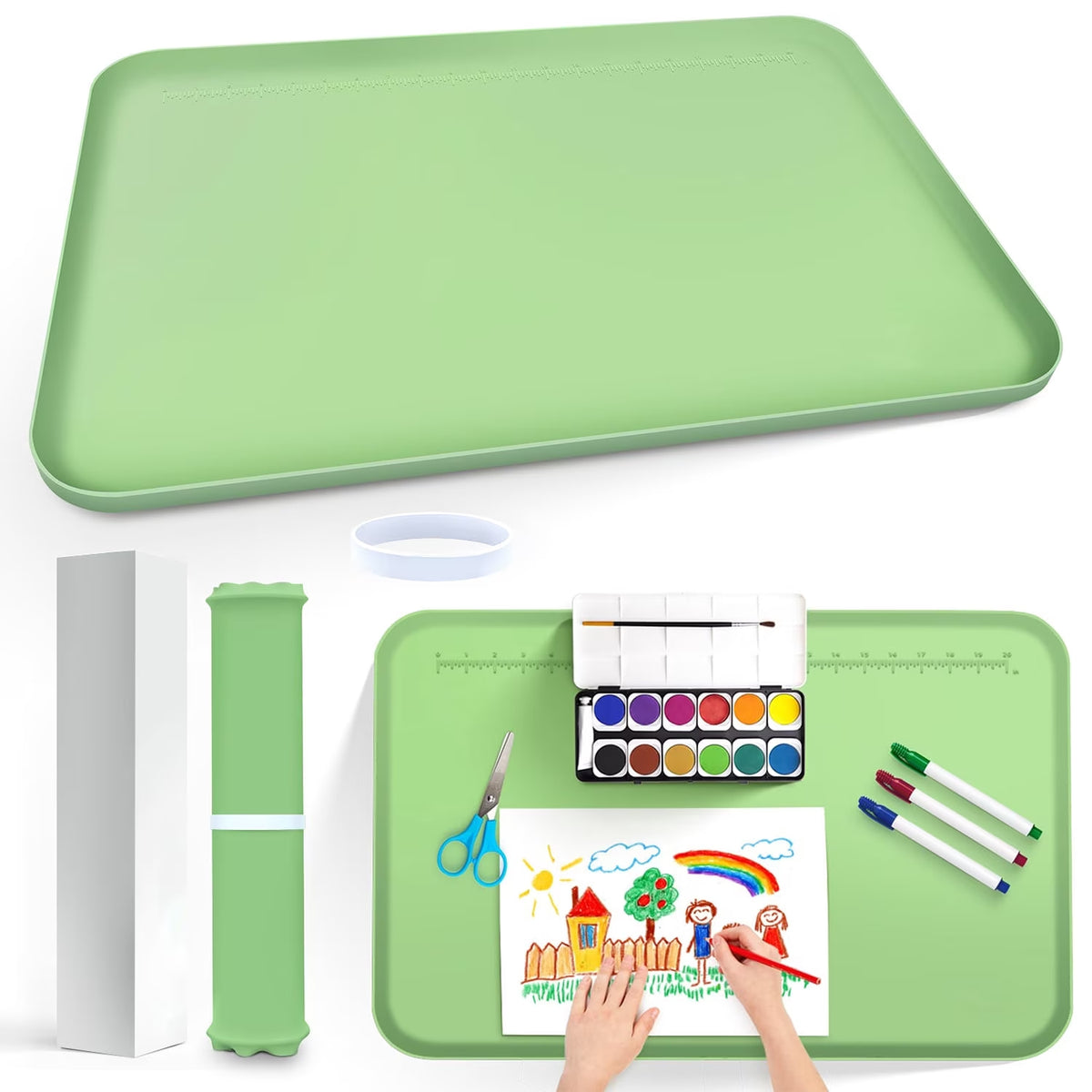 Silicone Art Mat for Crafts, with Raised Lip & Non-Slip, Play Dough Mat, Reusable Silicone Mats for Crafts, Jewelry Resin Molds Mats, for Clay, Paint, Green, 24" x 16"