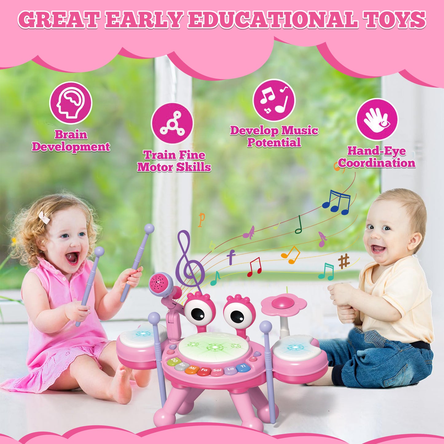 Kids Musical Drum Set Toy for Toddlers 1-3, Baby Girl Toys for 1 Year Old Girl Gifts Instruments Toys for 12-24 Months Toddler Girl Toys Age 1-2 Birthday Gifts for 6 9 12 Months