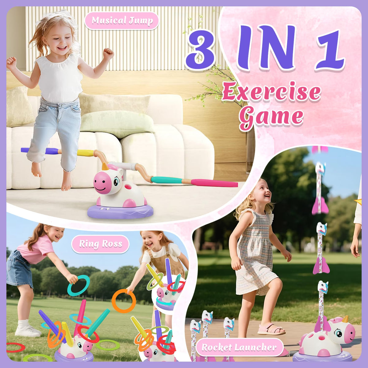 Outdoor Toys for Kids Ages 4-8, 3 in 1 Musical Jump Toys, Toss Ring Game, Rocket Launcher, Outside Toys Yard Sports Games Gifts for 3 4 5 6 7 8 Year Old Girls
