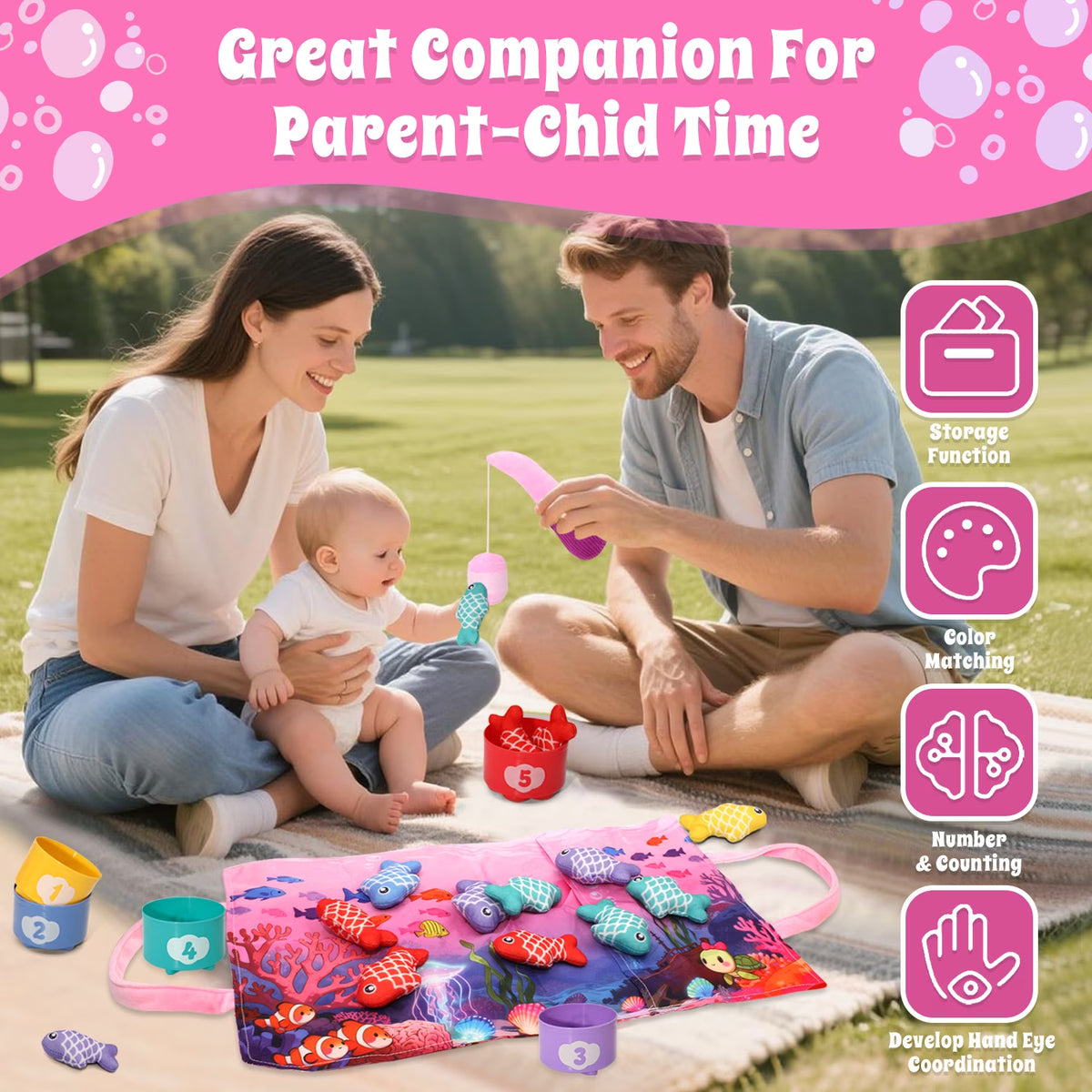 Montessori Learning Toys, Cloth Fishing Game with Stacking Cups, Toddler Toys 1-3 for Girls Boys