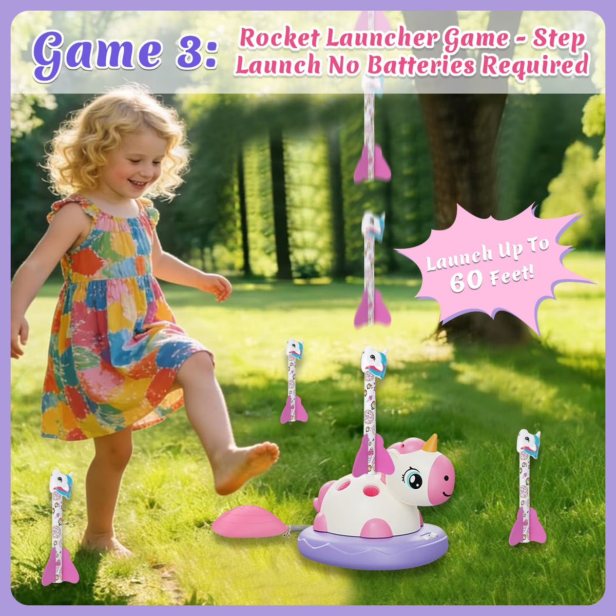 Outdoor Toys for Kids Ages 4-8, 3 in 1 Musical Jump Toys, Toss Ring Game, Rocket Launcher, Outside Toys Yard Sports Games Gifts for 3 4 5 6 7 8 Year Old Girls