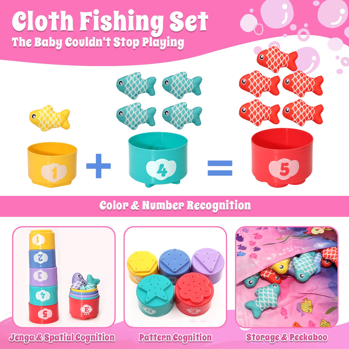 Montessori Learning Toys, Cloth Fishing Game with Stacking Cups, Toddler Toys 1-3 for Girls Boys