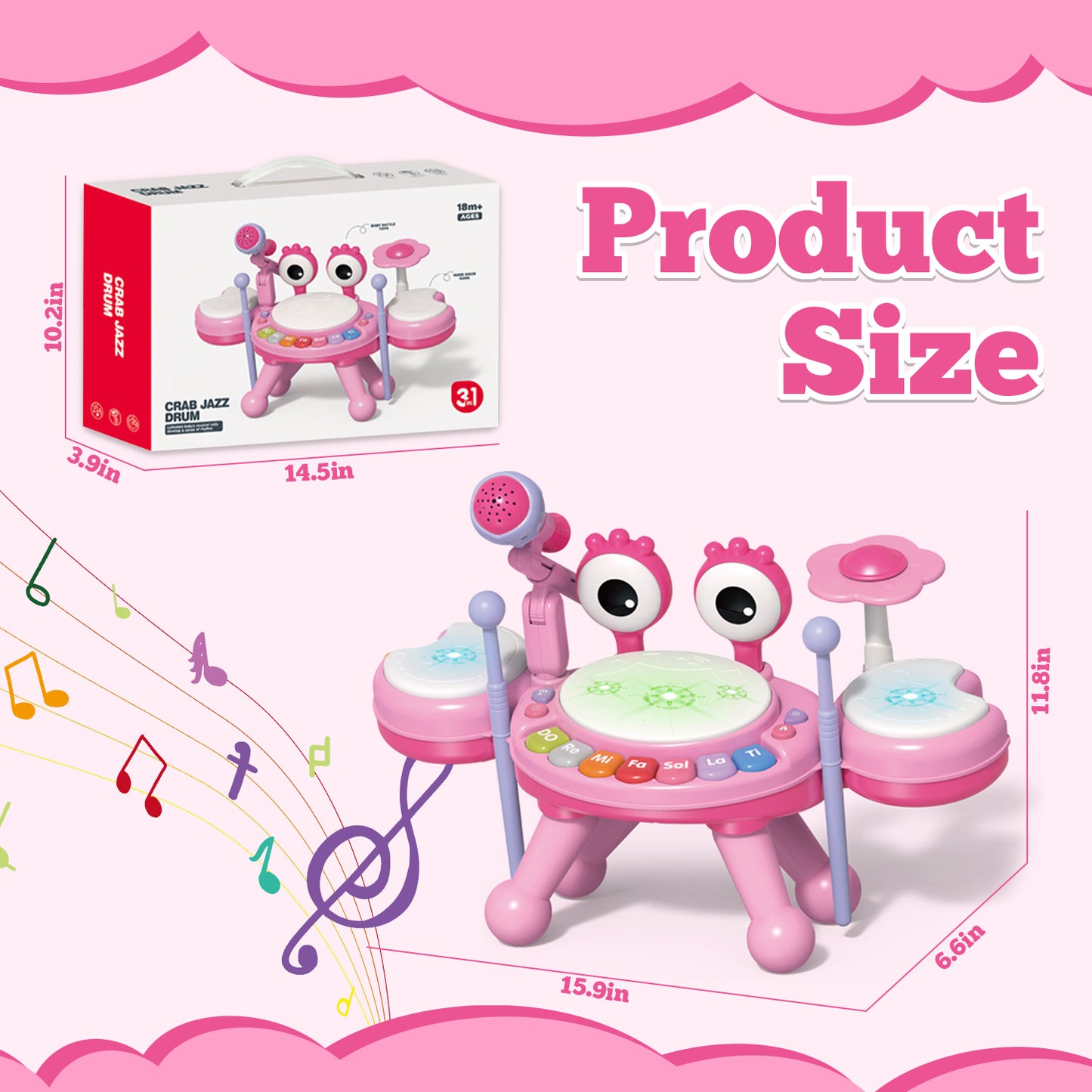 Kids Musical Drum Set Toy for Toddlers 1-3, Baby Girl Toys for 1 Year Old Girl Gifts Instruments Toys for 12-24 Months Toddler Girl Toys Age 1-2 Birthday Gifts for 6 9 12 Months