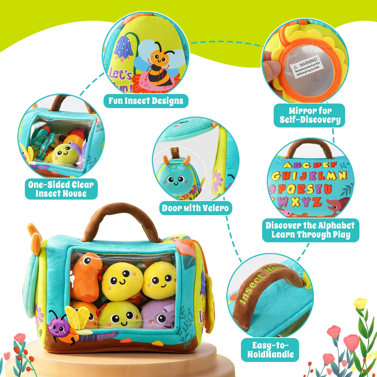 Baby Toys 6-12 Months, Sensory Stuffed Animals Toys for Baby & Toddlers with Rattles, Crinkles, Squeak & Mirror, Toys for 1 Year Old Boy Girl Gifts