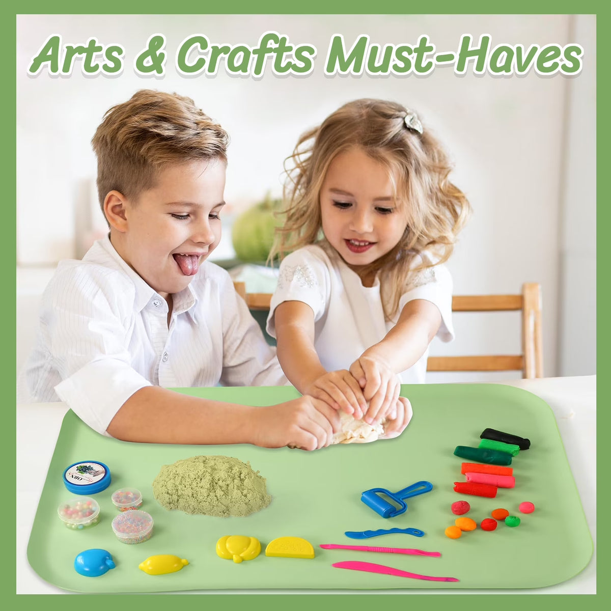 Silicone Art Mat for Crafts, with Raised Lip & Non-Slip, Play Dough Mat, Reusable Silicone Mats for Crafts, Jewelry Resin Molds Mats, for Clay, Paint, Green, 24" x 16"