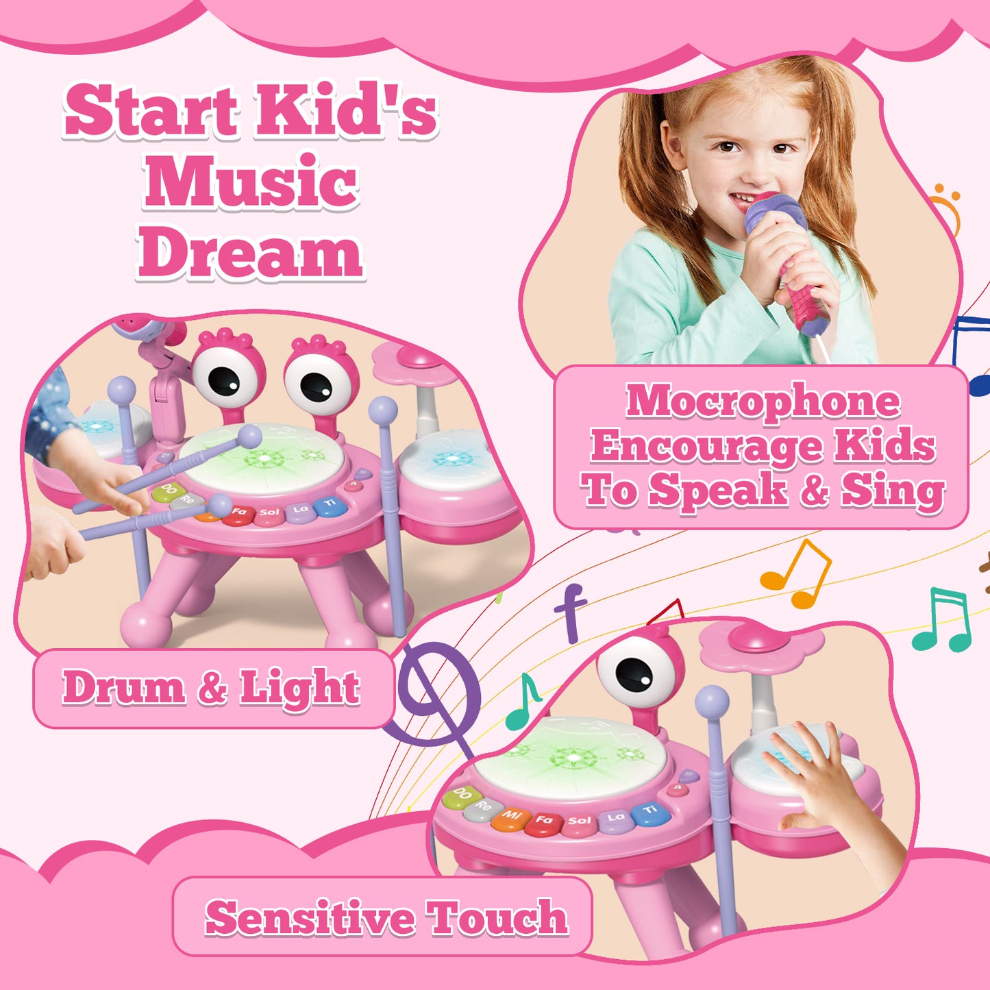 Kids Musical Drum Set Toy for Toddlers 1-3, Baby Girl Toys for 1 Year Old Girl Gifts Instruments Toys for 12-24 Months Toddler Girl Toys Age 1-2 Birthday Gifts for 6 9 12 Months