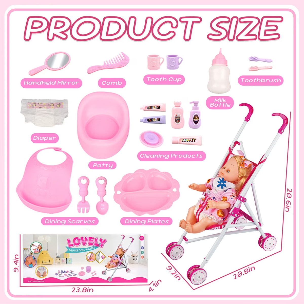 Baby Doll Stroller Toys Set with 14" Baby Doll, 22 Pcs Baby Doll Accessories, Pretend Play Toys for Toddlers Girls 3-6 Years