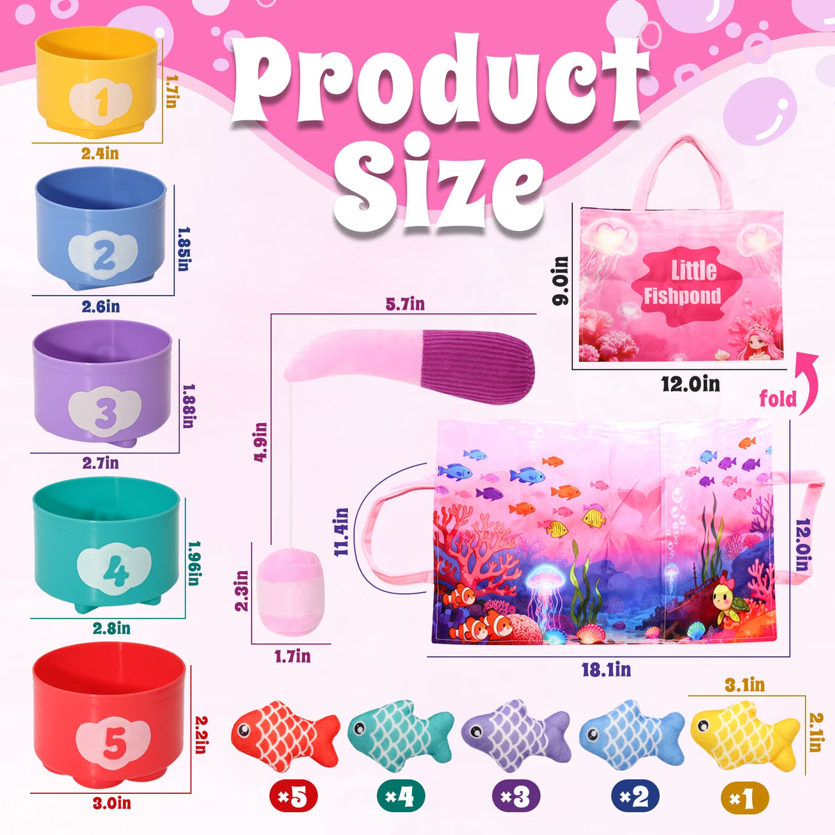 Montessori Learning Toys, Cloth Fishing Game with Stacking Cups, Toddler Toys 1-3 for Girls Boys