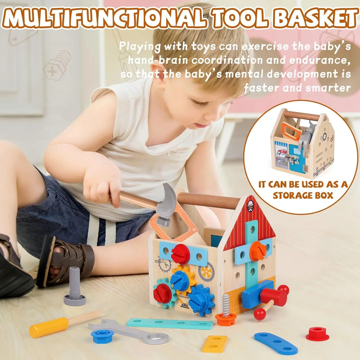 Tool Set Toys for Kids 3-6 Year Old, 33Pcs Montessori Toys for 3 Year Old, STEM Tool with Box / House, Wooden Learning Toys for 3 4 5 6 Year Old Boys Girls