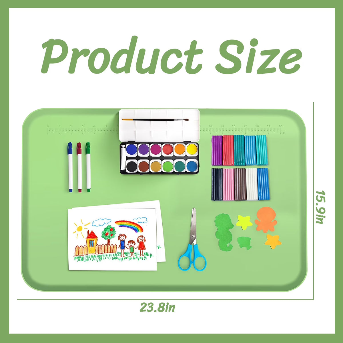 Silicone Art Mat for Crafts, with Raised Lip & Non-Slip, Play Dough Mat, Reusable Silicone Mats for Crafts, Jewelry Resin Molds Mats, for Clay, Paint, Green, 24" x 16"