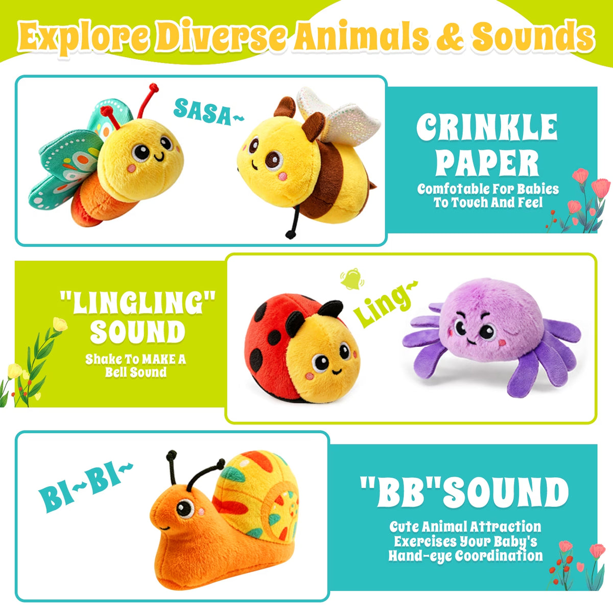 Baby Toys 6-12 Months, Sensory Stuffed Animals Toys for Baby & Toddlers with Rattles, Crinkles, Squeak & Mirror, Toys for 1 Year Old Boy Girl Gifts