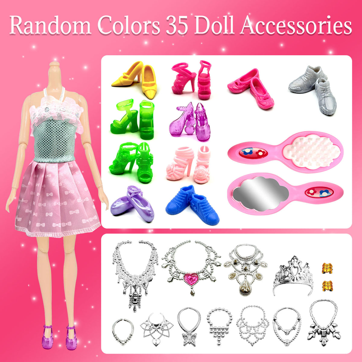 Random 35 Pcs Doll Clothes and Accessories, Include Princess Gowns, Fashion Skirt, Slip Dresses, Tops, Pants, Shoes for 11.5 inch Doll, Doll Accessories Birthday Gifts Toys for 3 4 5 6 7 Years Old