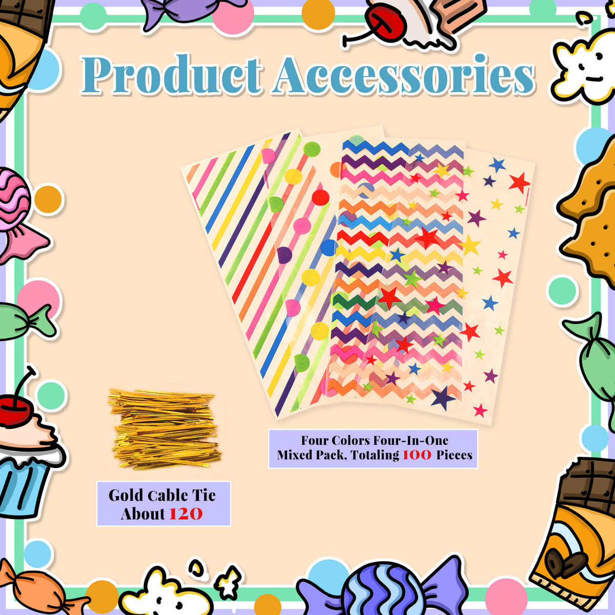 100 Pcs Transparent Rainbow Colors Cellophane Treat Bags with Gold Twist Ties, 10.6" x 4.9" Plastic Candy Cookie Snack Goodie Gift Bags for Party Favors