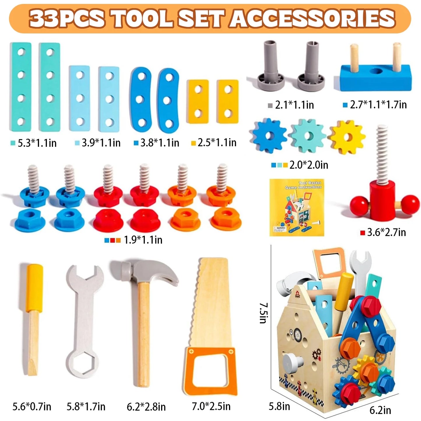 Tool Set Toys for Kids 3-6 Year Old, 33Pcs Montessori Toys for 3 Year Old, STEM Tool with Box / House, Wooden Learning Toys for 3 4 5 6 Year Old Boys Girls