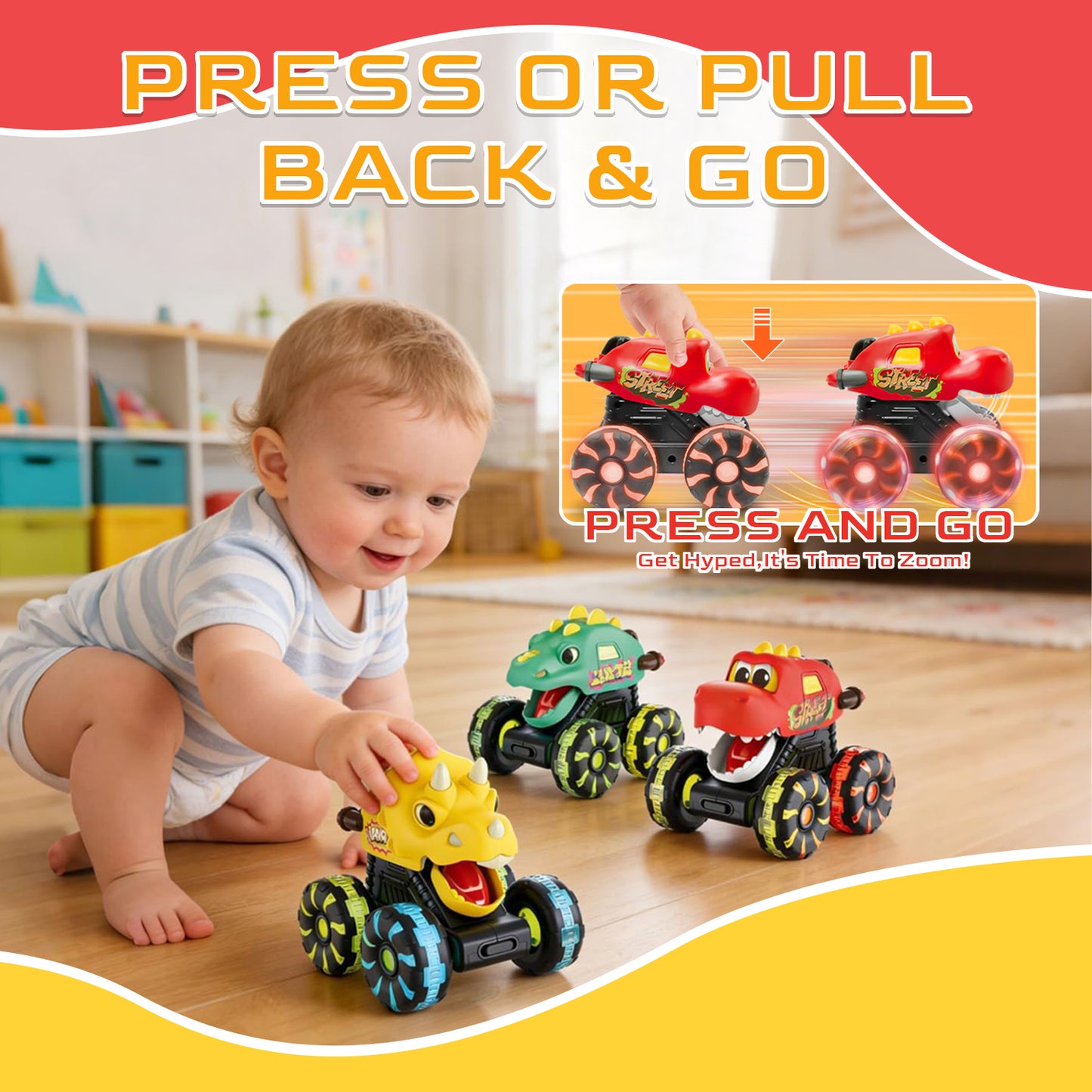Toddler Toys for Boys 2 3 4 5+ Years Old, Dinosaur Toy Cars with Lights & Sounds, Monster Trucks Car Toddler Toys 1-3 for Boys, Birthady Gifts Toddler Toys Age 2 to 5 Boys