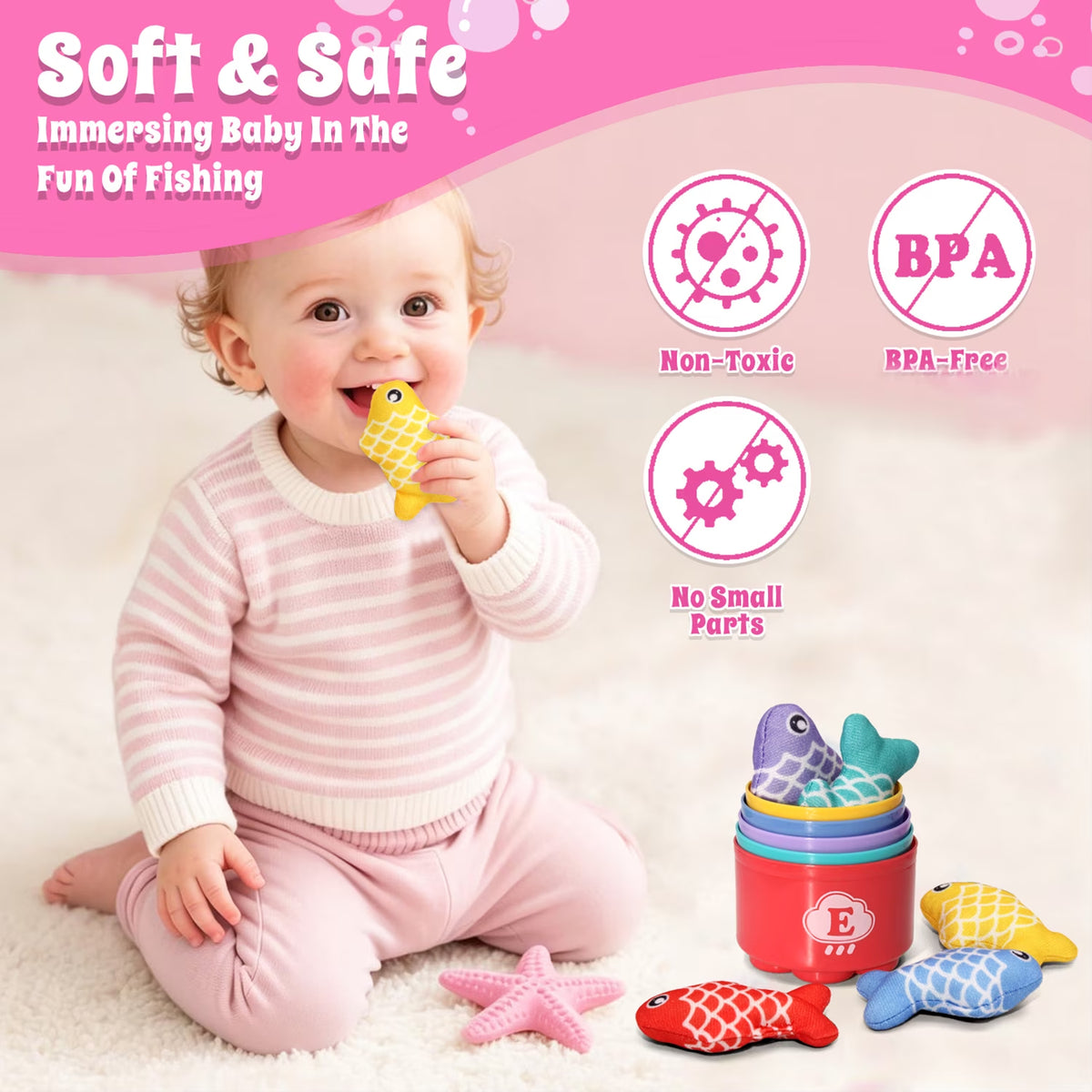 Montessori Learning Toys, Cloth Fishing Game with Stacking Cups, Toddler Toys 1-3 for Girls Boys