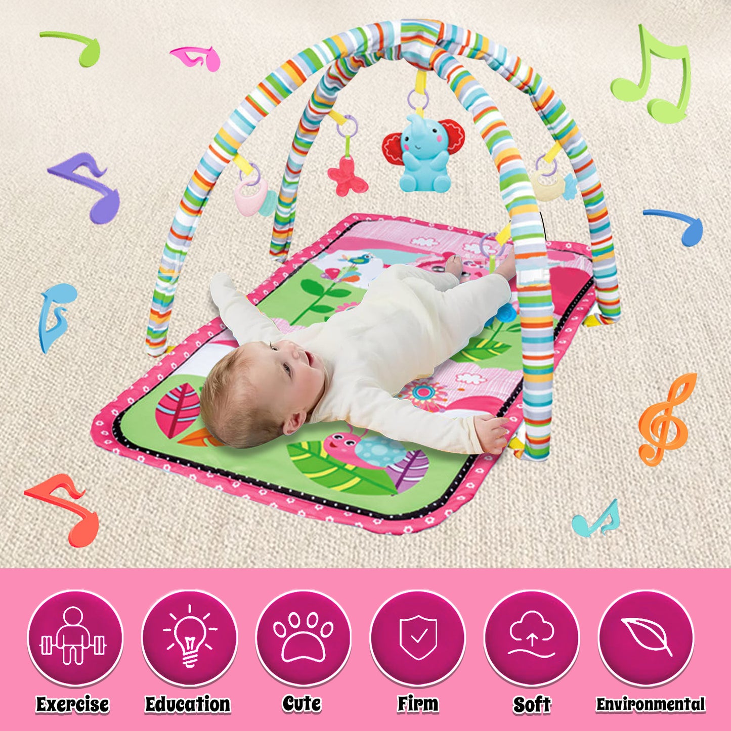 Baby Activity Gym & Tummy Time Mat with Crinkle and Rattles for Newborn Infants Toys 3-6-12 Month, Early Development Baby Toys 0-3-6-9-12 Months, Baby Girls Boys Gifts for 0+ Months