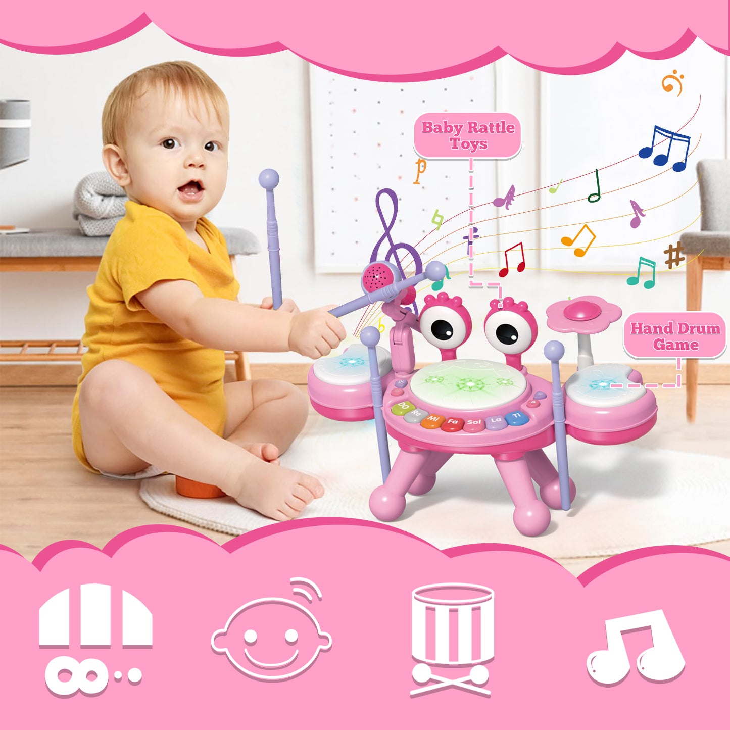 Kids Musical Drum Set Toy for Toddlers 1-3, Baby Girl Toys for 1 Year Old Girl Gifts Instruments Toys for 12-24 Months Toddler Girl Toys Age 1-2 Birthday Gifts for 6 9 12 Months