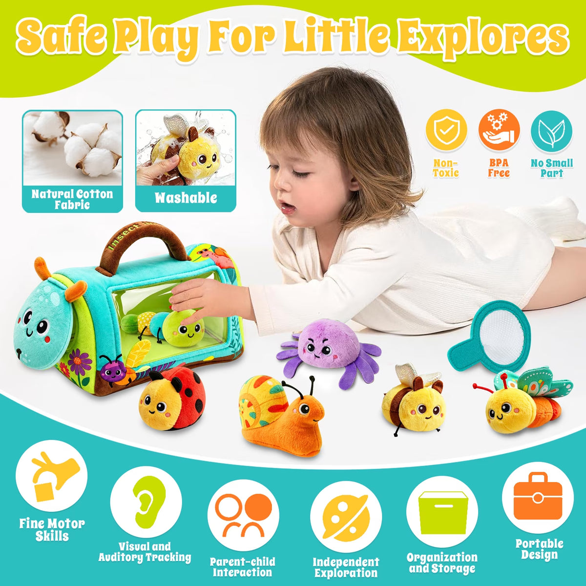 Baby Toys 6-12 Months, Sensory Stuffed Animals Toys for Baby & Toddlers with Rattles, Crinkles, Squeak & Mirror, Toys for 1 Year Old Boy Girl Gifts