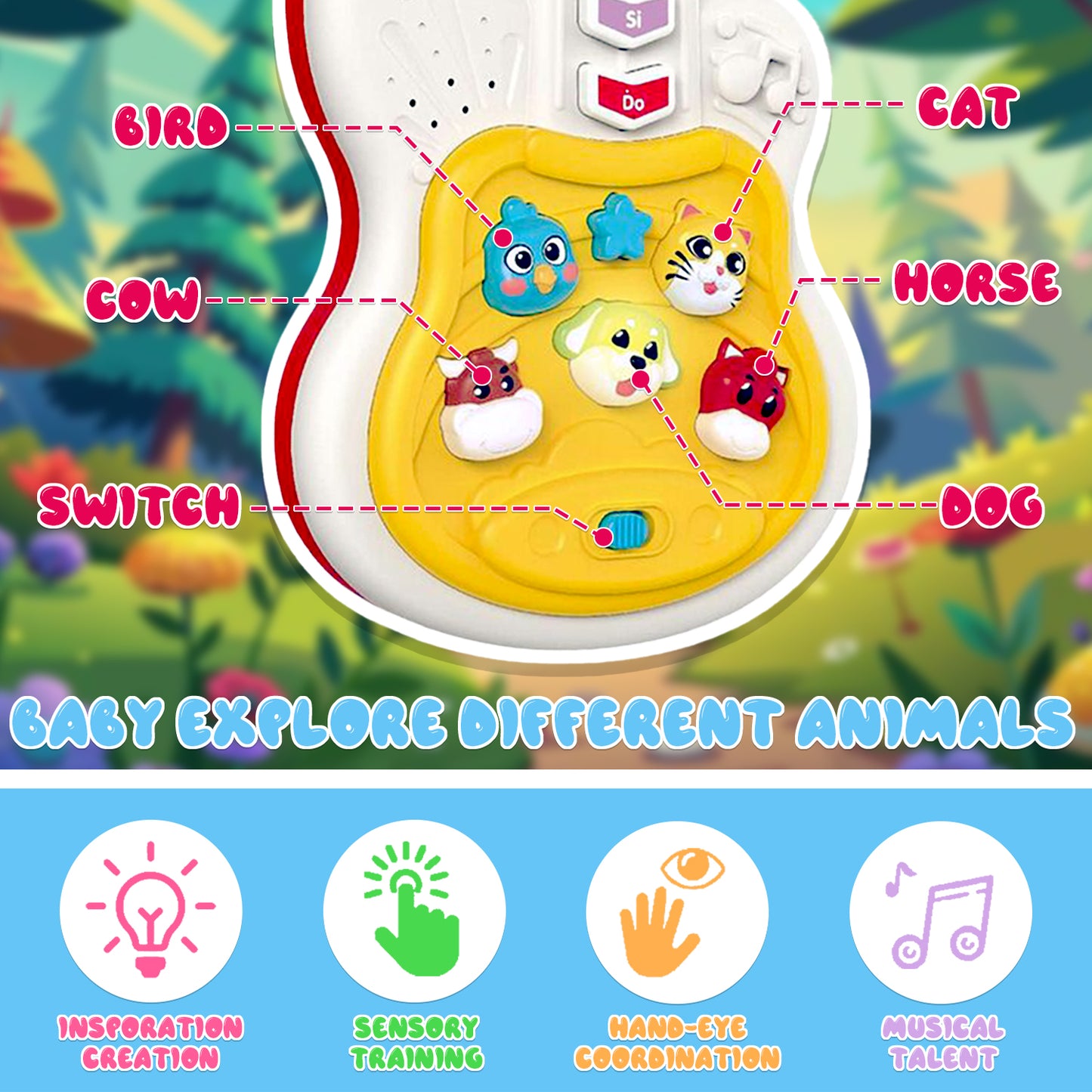 Toys for 1 2 Year Old Boys Girls, Musical Guitar Toys with Animal Sound and Light, Learning Toys for Toddlers 1-3, Birthday Gifts Toys for 1 2 3 Year Old Girls Boys